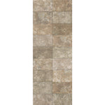 Stone texture ceramic tiles in various shades of beige and brown, arranged in a vertical pattern for flooring or wall design, depicting a modern and durable construction material.