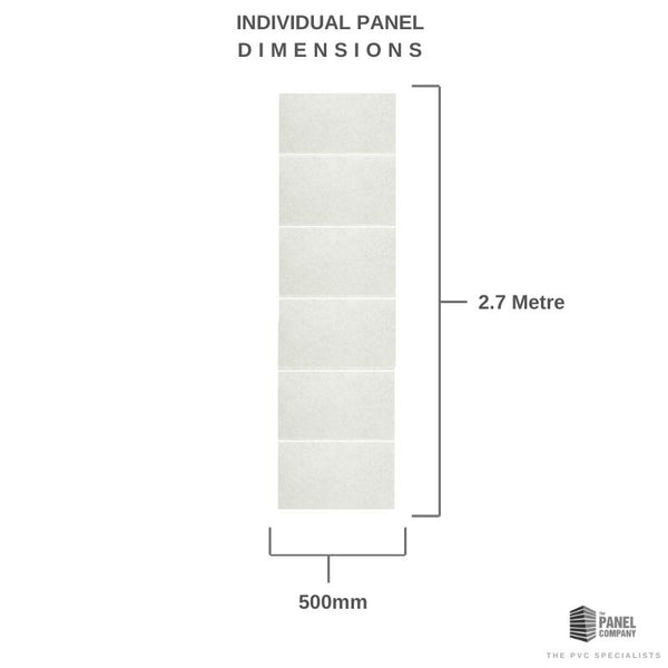 Diagram showing individual panel dimensions with measurements 2.7 metres in height and 500mm in width, labeled by The Panel Company, specialists in PVC panels.