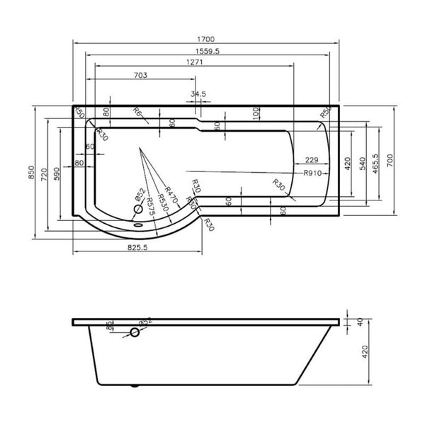 Kartell Adapt 1700mm P Shaped Left Hand Bath with Leg Sets