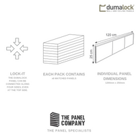 Illustration of Dumalock wall panel system with lock-it connectors, pack contents with eight matched panels, and individual panel dimensions showing 120 cm by 25 cm sizing by the Panel Company, specialists in wall and ceiling panels.