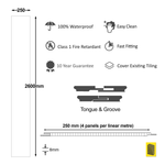 Illustration of waterproof tongue and groove wall paneling featuring dimensions, easy clean, class 1 fire retardant properties, fast fitting, 10-year guarantee, and compatibility to cover existing tiling.