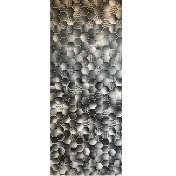 Modern geometric 3D wall panel texture with hexagonal patterns in shades of gray and metallic finish for interior design and architectural details