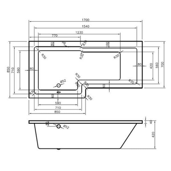 Kartell Elite 1500 L Shaped Right Hand Bath Only with Leg Sets