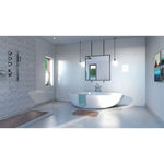 Modern bathroom interior design with standalone tub, herringbone tile shower, double vanity, pendant lights, and large mirror.