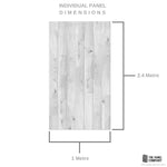 Wooden panel texture with dimensions 1 metre by 2.4 metre indicated by The Panel Company showing individual plank details and grey wood grain.