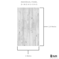 Wooden panel texture with dimensions 1 metre by 2.4 metre indicated by The Panel Company showing individual plank details and grey wood grain.