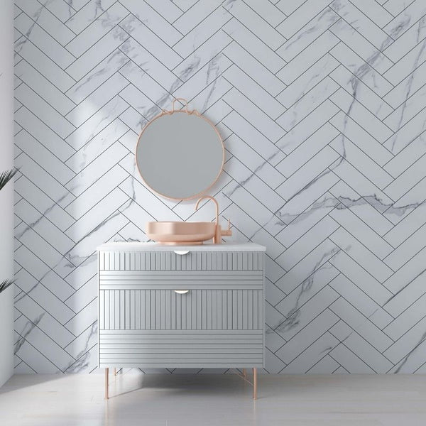 Premium Large White Herringbone Marble Tile 1.0m x 2.4m Shower Panel