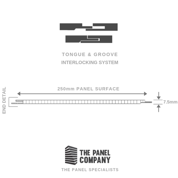 Diagram displaying tongue and groove interlocking system for wall panels, 250mm panel surface measurement indicated, from The Panel Company, specialists in panel solutions.