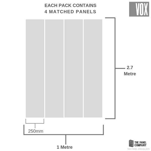 Diagram showing a pack of 4 matched wall panels by VOX, each panel having dimensions of 2.7 meters in height and 1 meter in width with a thickness of 250mm, suitable for interior design and wall covering.
