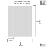 Diagram showing panel pack dimensions from The Panel Company with four matched panels, each panel is 250mm wide and 2.7 meters high, total width 1 metre.