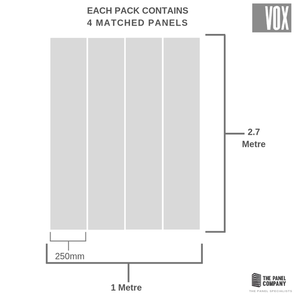 Diagram showing a pack of 4 matched wall panels with dimensions of 2.7 meters in height and 1 meter in width by The Panel Company, indicated measurements of 250mm spacing between panels.