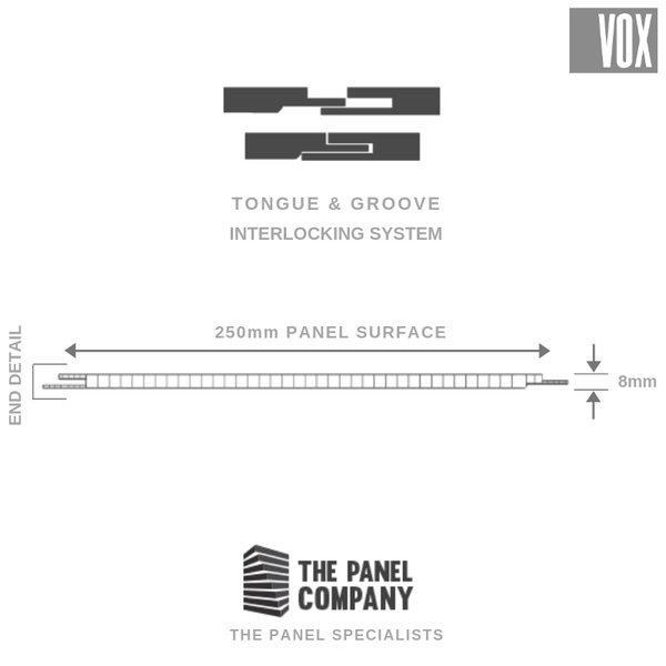 Tongue and groove interlocking system diagram for 250mm panel surface with 8mm detail, VOX branding, and The Panel Company logo.