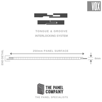 Diagram showing tongue and groove interlocking system for wall panels by the Panel Company, detailing a 250mm panel surface width and 8mm end detail, with company branding visible.