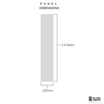 Diagram showing the dimensions of a panel with a height of 2.6 meters and width of 250 millimeters, labeled "PANEL DIMENSIONS," by The Panel Company.