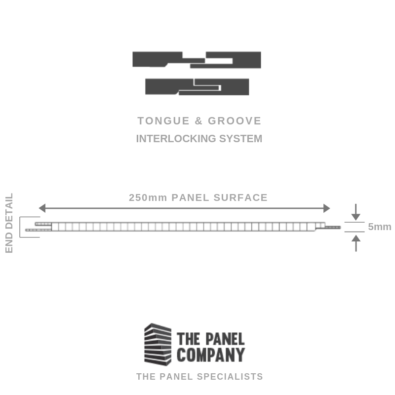 Technical illustration of tongue and groove interlocking system, 250mm panel surface measurement detail, company logo for The Panel Company, specialists in panel solutions.