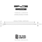 Diagram illustrating tongue and groove interlocking system, 250mm panel surface measurement, 5mm panel thickness detail, logo of The Panel Company, panel specialists.