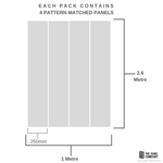 Illustration of four pattern matched panels included in a pack from The Panel Company with dimensions labeled, 250mm wide by 2.6 meters high, indicating coverage area for interior wall paneling.