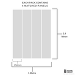 Illustration of a four-panel pack with dimensions 2.6 meters by 1 meter, each panel 250mm wide, from The Panel Company.