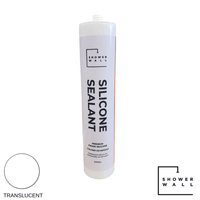 Shower wall silicone sealant tube, translucent premium caulk, 300ml bathroom sealant packaging with cap open, isolated on white background.