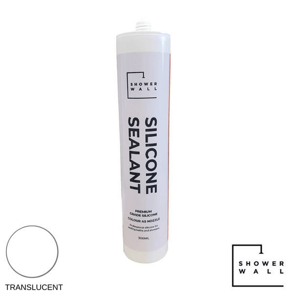 Shower wall silicone sealant tube, translucent premium caulk, 300ml bathroom sealant packaging with cap open, isolated on white background.