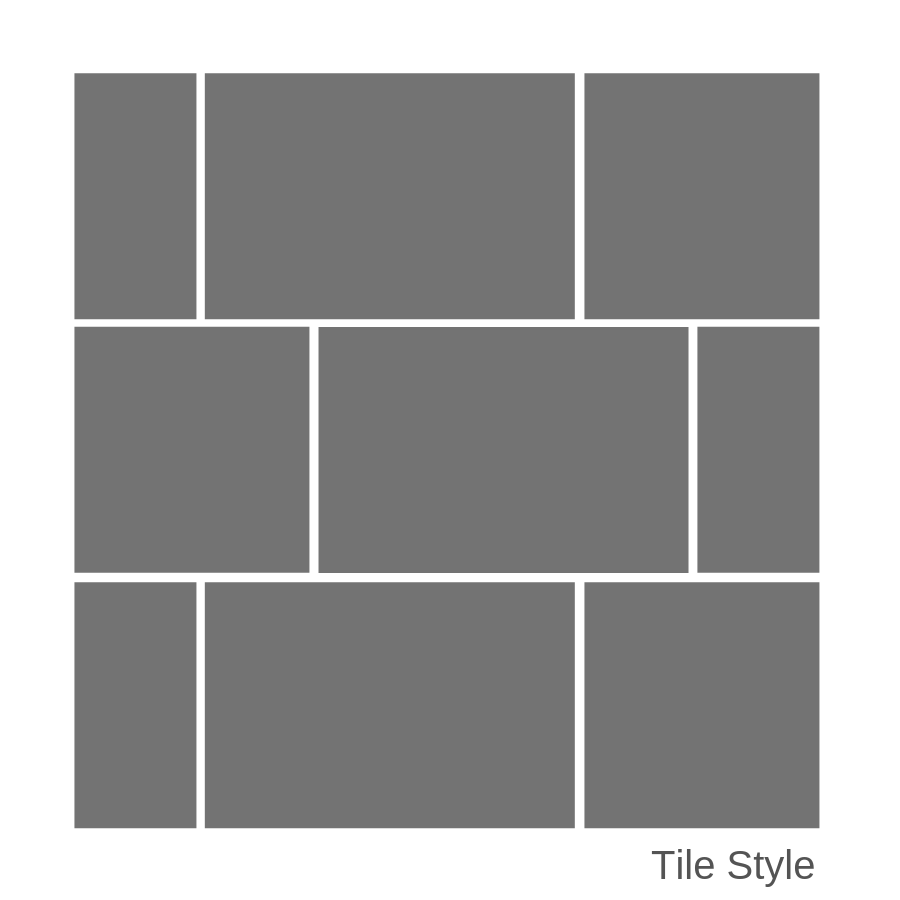 Modern grey wall tiles in various sizes with text "Tile Style" at bottom, abstract background for home interior design