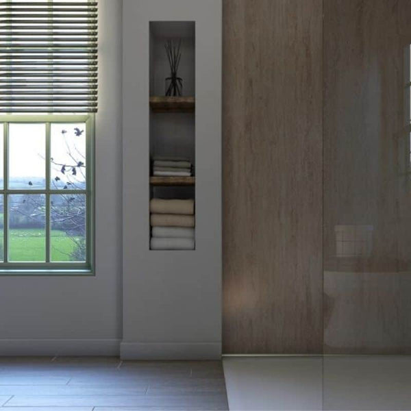 Modern minimalist interior design with window blinds, built-in wall shelf with towels, decorative vase, and view of greenery outside.