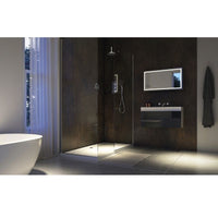 Modern bathroom interior design with dark walls, freestanding bathtub, walk-in shower, vanity with mirror, and minimalistic decor