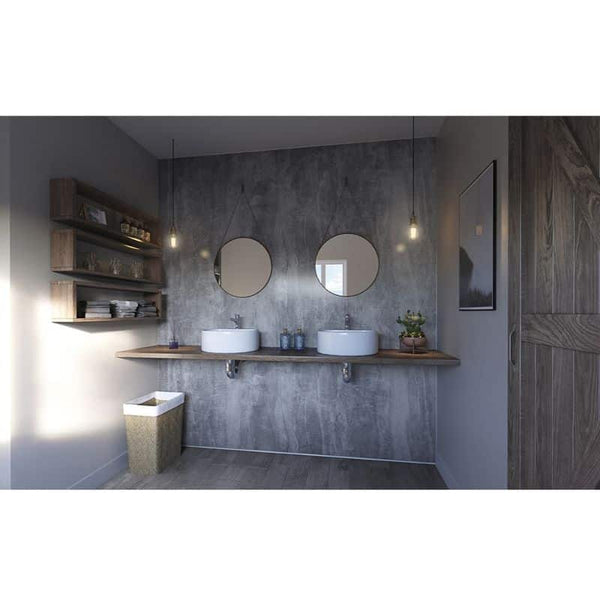 Modern bathroom interior design with double sink vanity, round mirrors, concrete walls, wooden shelves, and minimalistic decor.